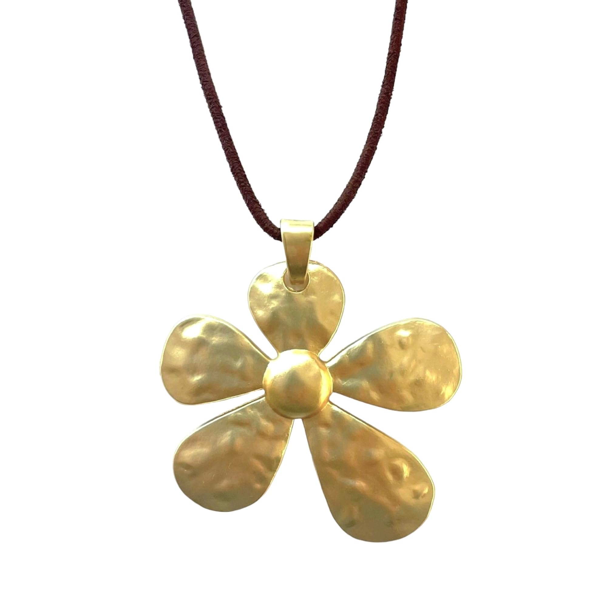 ASTER ALHELÍ Colgante Mujer Grande Flor Dorado - Collar Mujer Flor con Cadena de Antelina Marrón - Altura Ajustable - Ideal para Regalo - Flor Grande (Dorado)