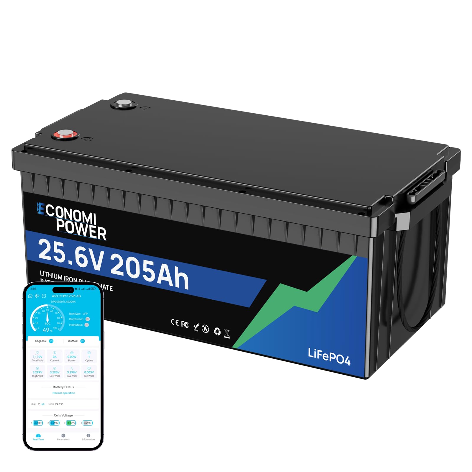 LiFePO4 24V 200Ah Batteria al litio, BMS 200A integrato, celle al litio-ferrofosfato di classe A, batteria al litio da 5120Wh per camper, barche, impianto solare e altro ancora