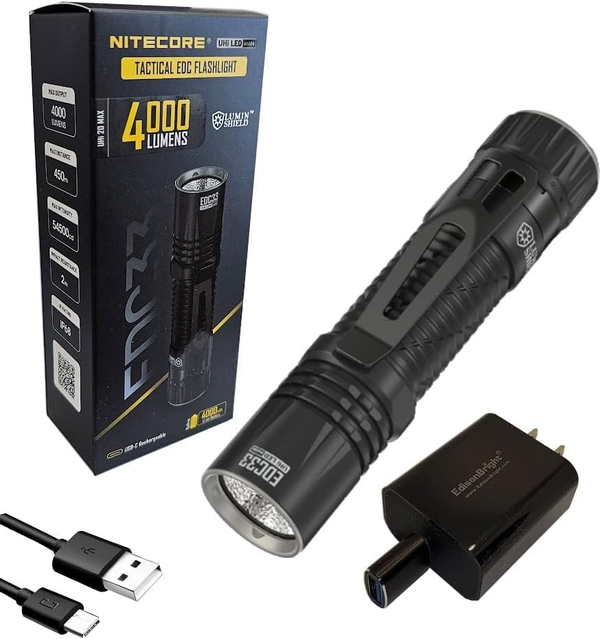 EdisonBright Nitecore EDC33 4000 Lumen LED USB-C Rechargeable Powerful Tactical Flashlight, Battery, Paracord Lanyard Charging Adapter