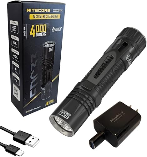 EdisonBright Nitecore EDC33 4000 lúmenes LED USB-C recargable potente linterna táctica, batería, adaptador de carga de cordón de paracaídas