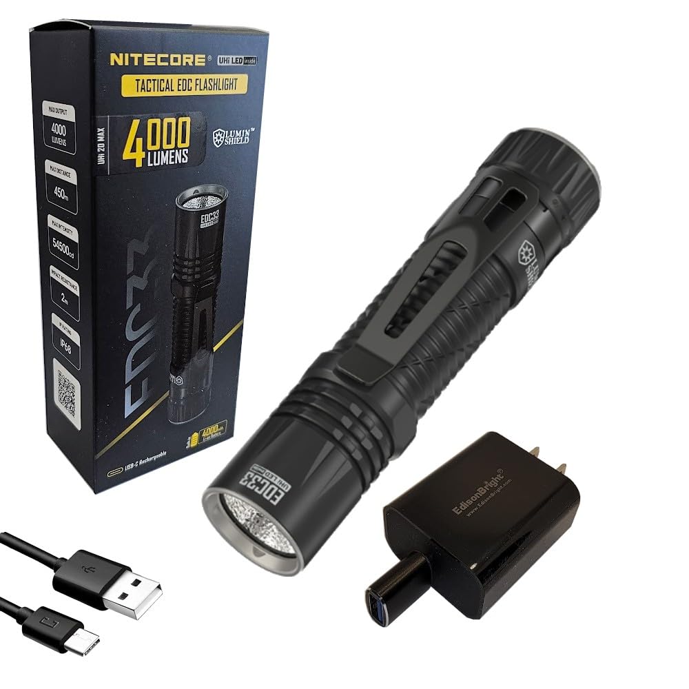 Nitecore EDC33 4000 Lumen LED USB-C Rechargeable Powerful Tactical Flashlight, Battery, Paracord Lanyard Charging Adapter