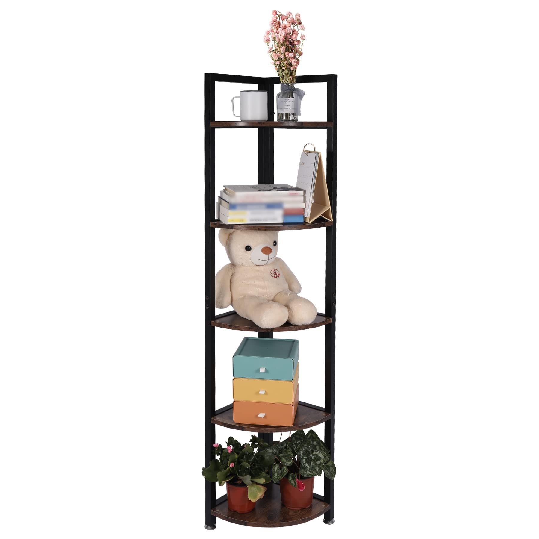 59'' Industrial Corner Shelf Stand, 5-Tier Retro Corner Bookshelf with Metal Frame, Tall Corner Bookcase Plant Stand for Bedroom, Brown