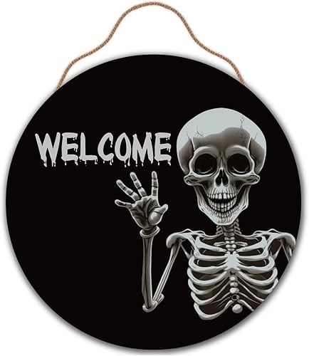 Letrero gótico de bienvenida para la casa, decoración de Halloween, letrero de madera de bienvenida para casa de 11.5 x 11.5 pulgadas, letrero de