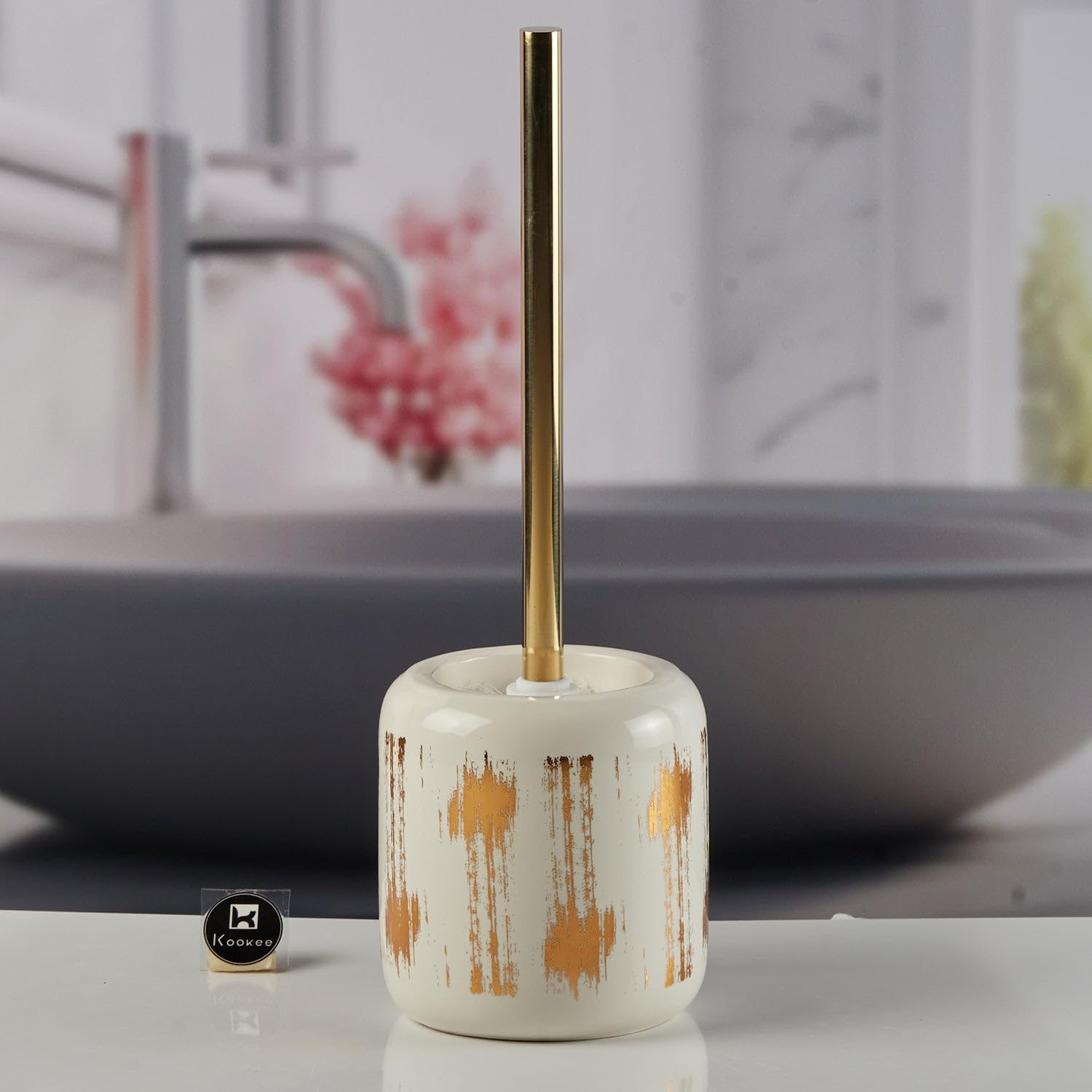 Kookee Ceramic Toilet Cleaner Brush with Holder Stand for Bathroom, Commode, Washroom, Toilet Cleaning Brush, White (11105)