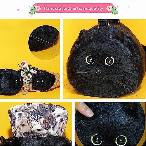 Huijufu Realistic Puffy Plush Cat Shaped Crossbody Handbag For Women (Black Cat) #TOP2