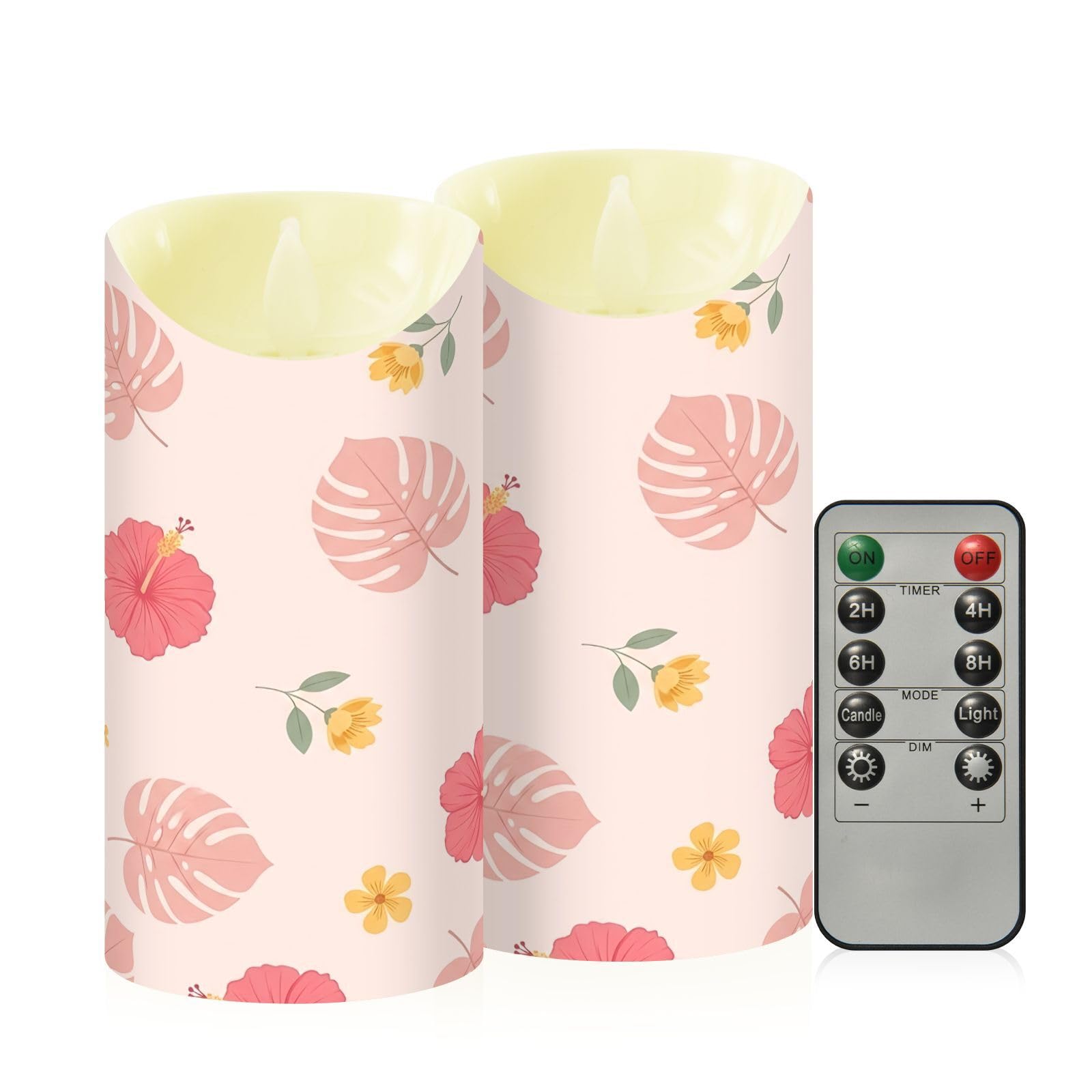 Cgiub Hibiscus Flameless Candles with Timer 2pcs Battery Operated Flickering Flameless LED Pillar Candles for Holiday Home Wedding Fireplace Decor