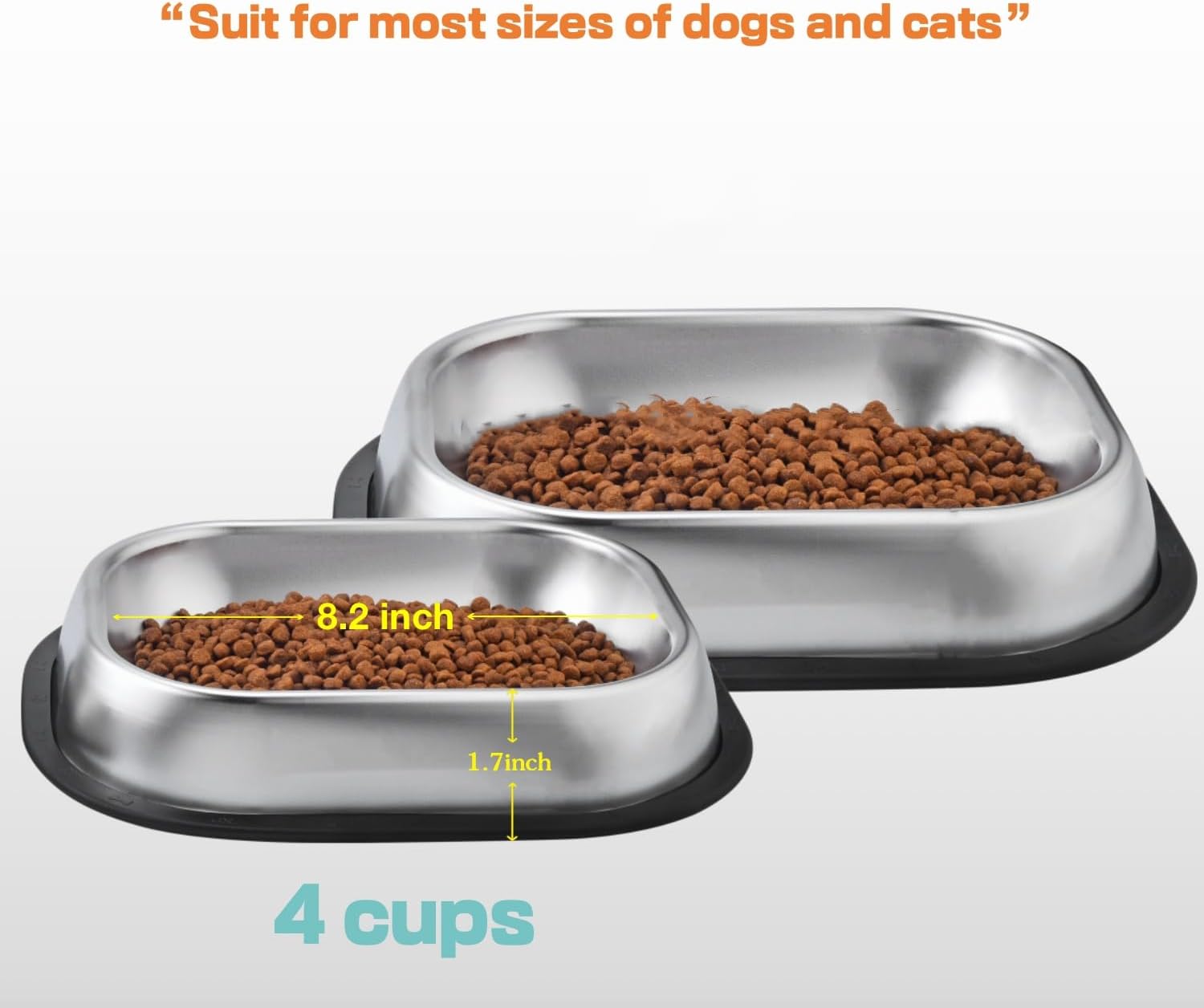 304 Stainless Steel Metal Food Dishes, with Cleaning Kit, Shallow Dog Food Bowls, Feeder Dog Bowls Water Bowl, for Small/Med Sized Cats Dogs (8.2 inch/2 Bowls)