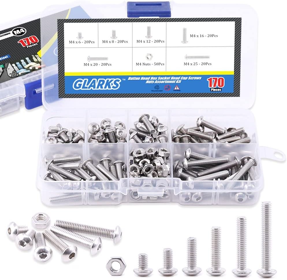 Glarks 170Pcs M4 Stainless Steel Allen Hex Drive Button Head Socket Cap Bolts Screws Nuts Assortment Kit (M4) by Glarks