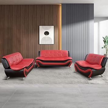 Living Room Furniture Set, Faux Leather Sofa Couch Set, 3 Pieces Modern Sofa Set for Living Room/Apartment/Office Black&Red