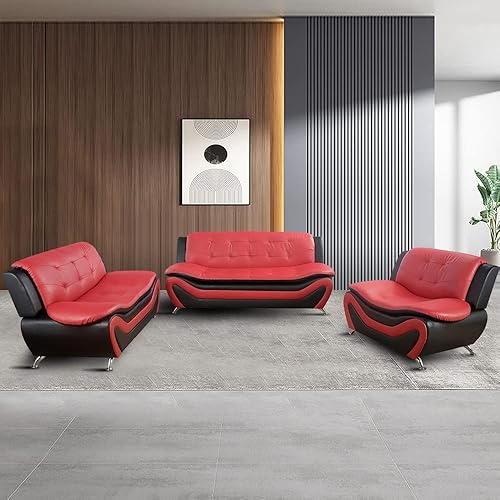 Living Room Furniture Set, Faux Leather Sofa Couch Set, 3 Pieces Modern Sofa Set for Living Room/Apartment/Office (Black&Red)