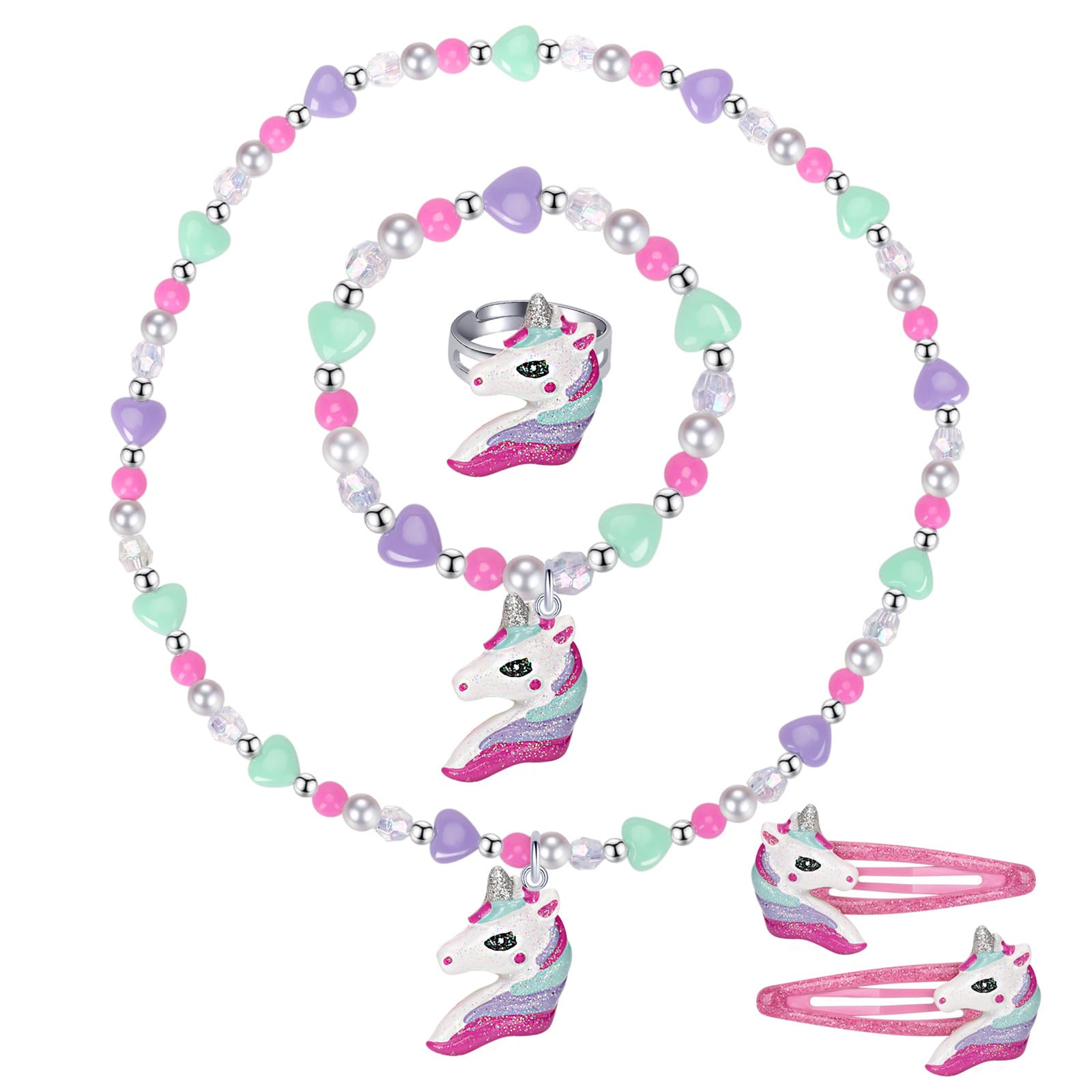 Girls Play Necklace and Bracelets Ring Hair Clips Toddler Unicorn Jewelry Kids Little Girls Unicorn Necklace Set Charm Rainbow Unicorn Pendants Party