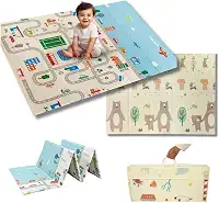 Tapete Térmico Infantil Emborrachado Dupla Estampa Tatame Infantil 200x150cm Ursinho e Pista de Carros Cidade Dupla Face Dobrável Atividades Impermeável