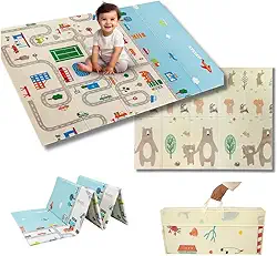 Tapete Térmico Infantil Emborrachado Dupla Estampa Tatame Infantil 200x150cm Ursinho e Pista de Carros Cidade Dupla Face Dobrável Atividades Impermeável