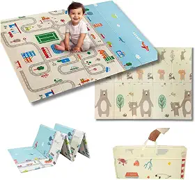 Tapete Térmico Infantil Emborrachado Dupla Estampa Tatame Infantil 200x150cm Ursinho e Pista de Carros Cidade Dupla Face Dobrável Atividades Impermeável