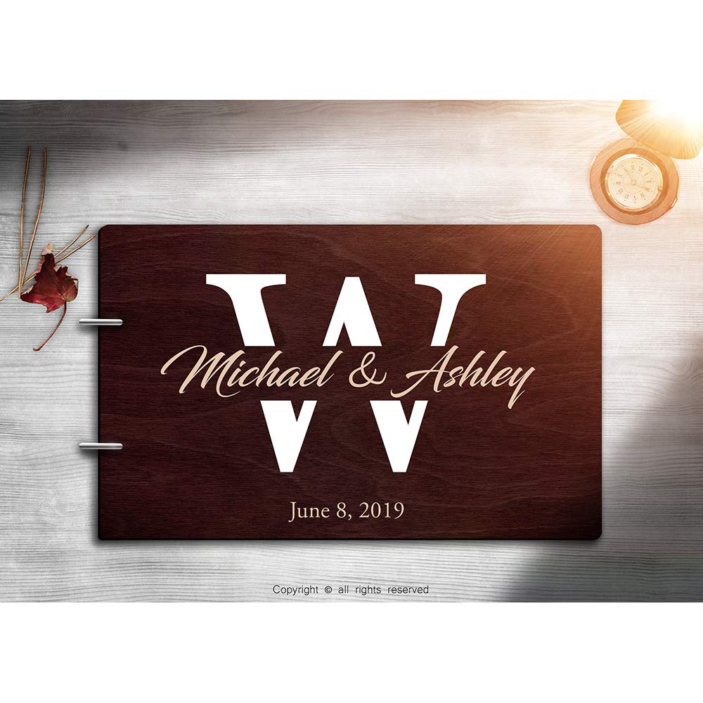 Personalized Handmade Mr Mrs Wedding Guest Book for Bride and Groom Wood Alternative Custom Engraved Newlywed Marriage Album (Chocolate Walnut)