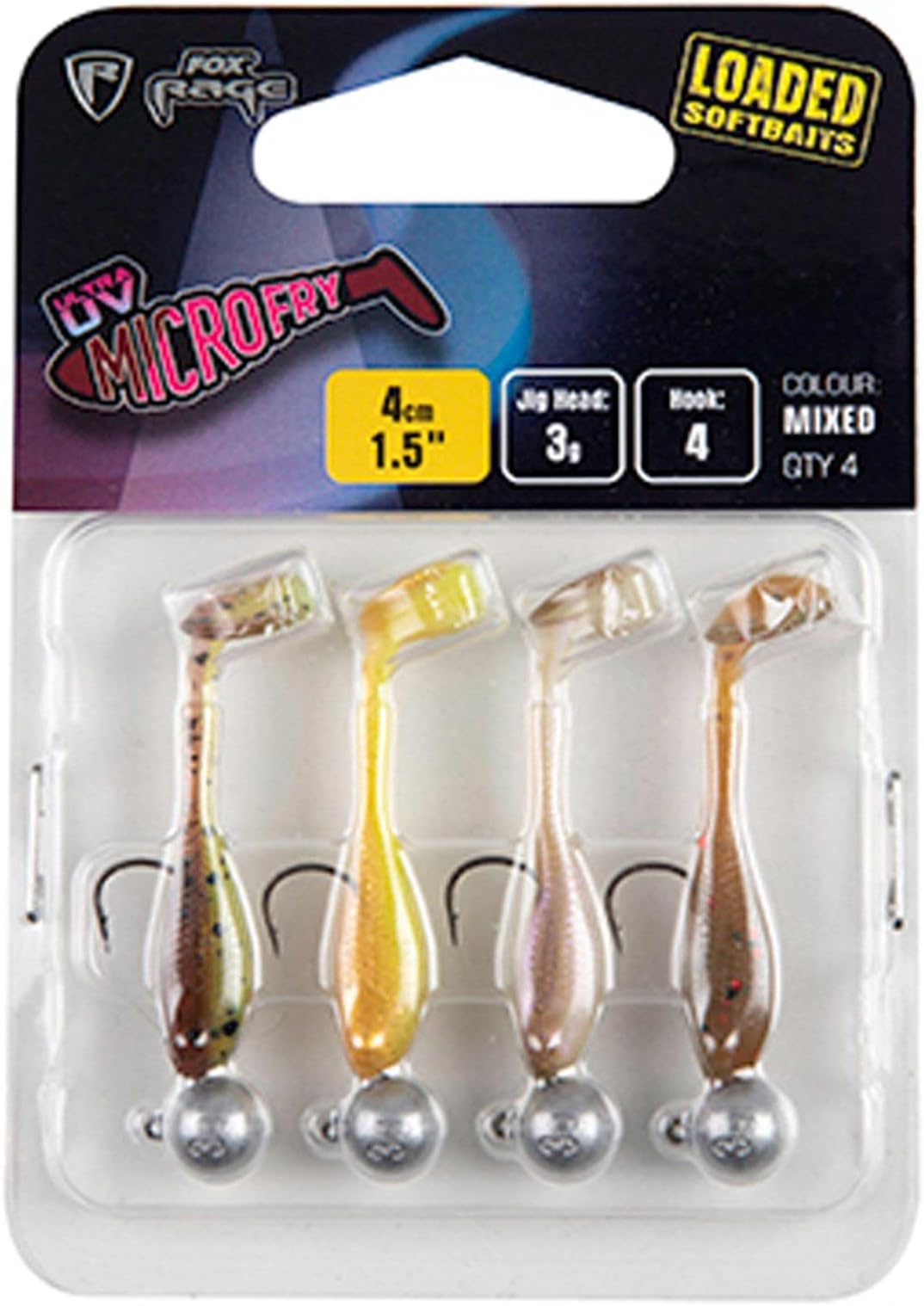Fox RageMicro Fry Mixed UV Colour Pack 4 cm 3 g - 4 Rubber Fish for Perch, Mounted Rubber Sads, Softbaits for Jigging
