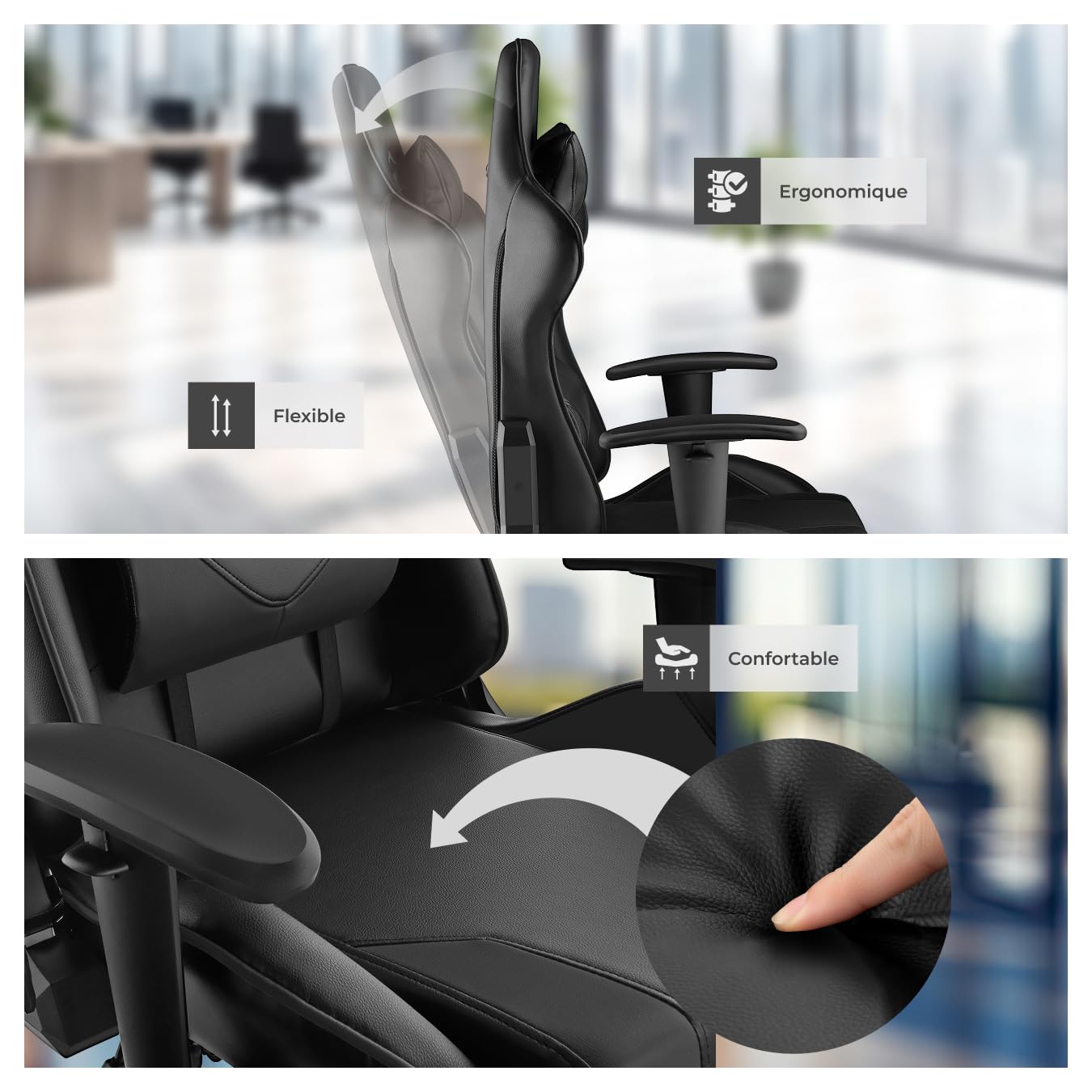 tectake® Chaise Gaming Chaise de Bureau Fauteuil de Bureau Fauteuil pivotant Design avec Coussin Lombaire et Nuque, Chaises Ergonomique, Fauteuils avec Accoudoirs, Roulette, Teletravail - Noir