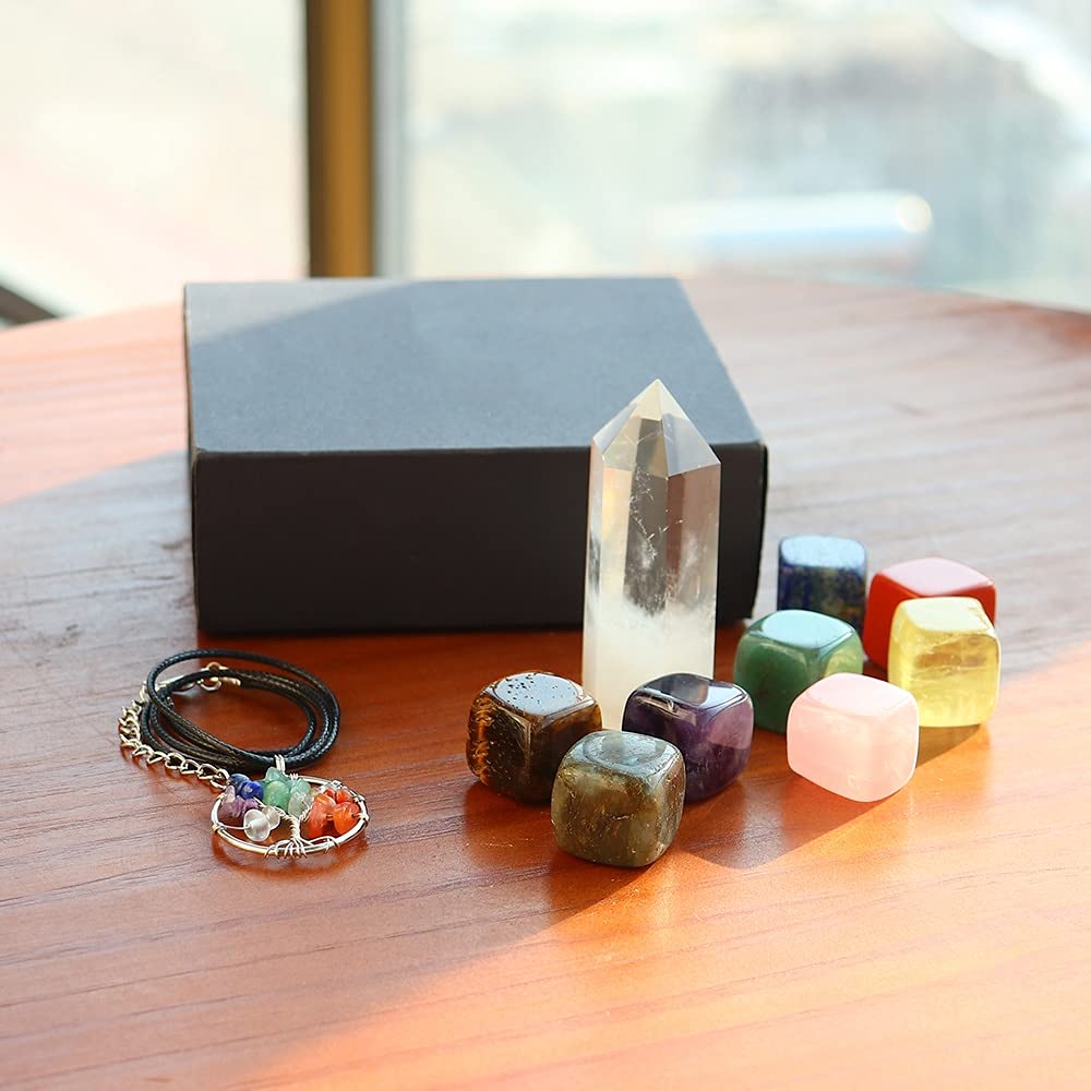 ZTBH Cristal de meditación Natural 11pcs / Set Natural Crystal Stone Chakra Stone Crystal Gemstone Claro Cuarzo Cristal Wand for la meditación Piedra de Cristal (Color : Box)