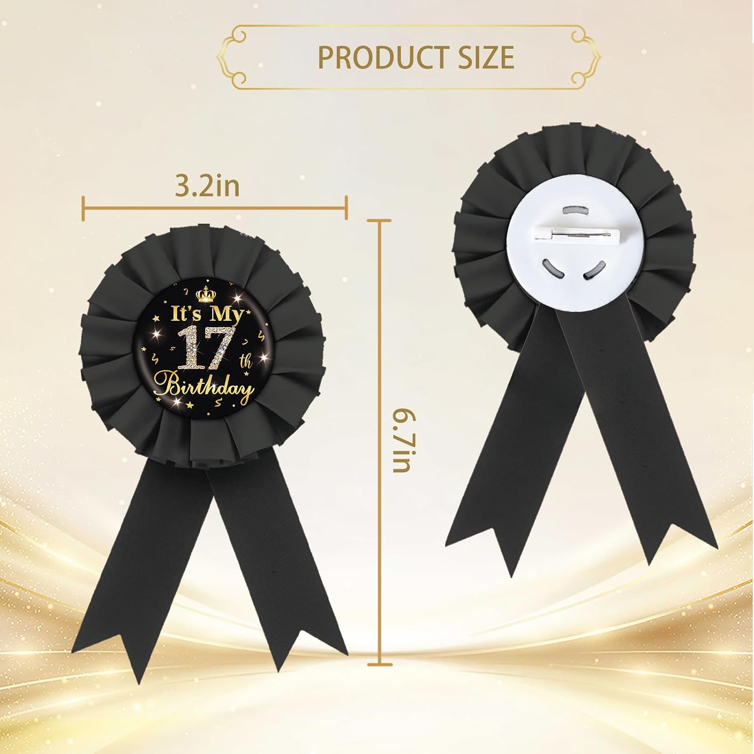 It's My 17th Birthday Tinplate Badge Pin, Gold Diamond Happy 17th Birthday Button Pin, Seventeen Birthday Black Rosette Award Ribbon Pin for Girl, Brooch Buttons for 17 Years Old Birthday Party Decoration