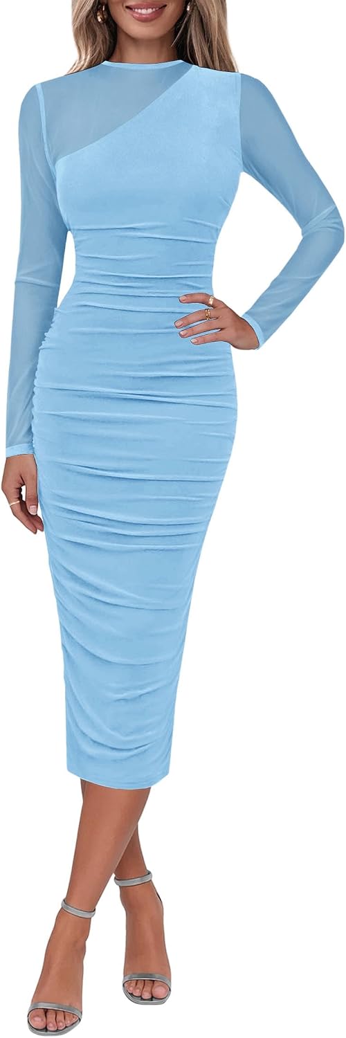 Lazysmile Women's Long Sleeve Mesh Bodycon Midi Dress Light Blue