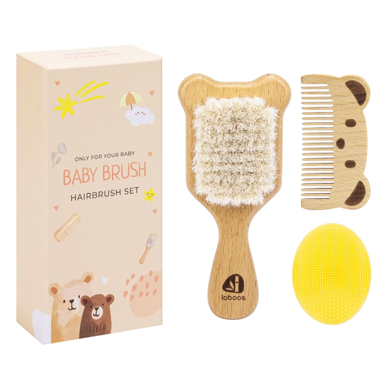 Baby Hair Brush and Comb Set for Newborns & Toddlers - Wooden Handle and Natural Soft Goat Bristles,Gentle Cradle Cap Care,Baby Massage and Scalp