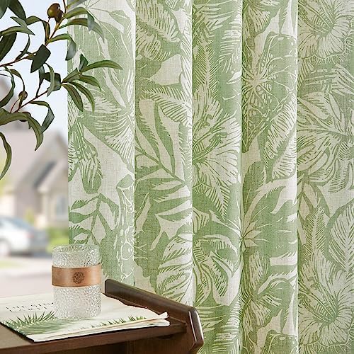 jinchan Linen Curtains 84 Inches Long Leaf Printed Curtains for Living Room Bedroom Flax Country Farmhouse Curtains Green Semi Sheer Rod Pocket Back Tab Drapes Sage Green Window Curtain Set 2 Panels