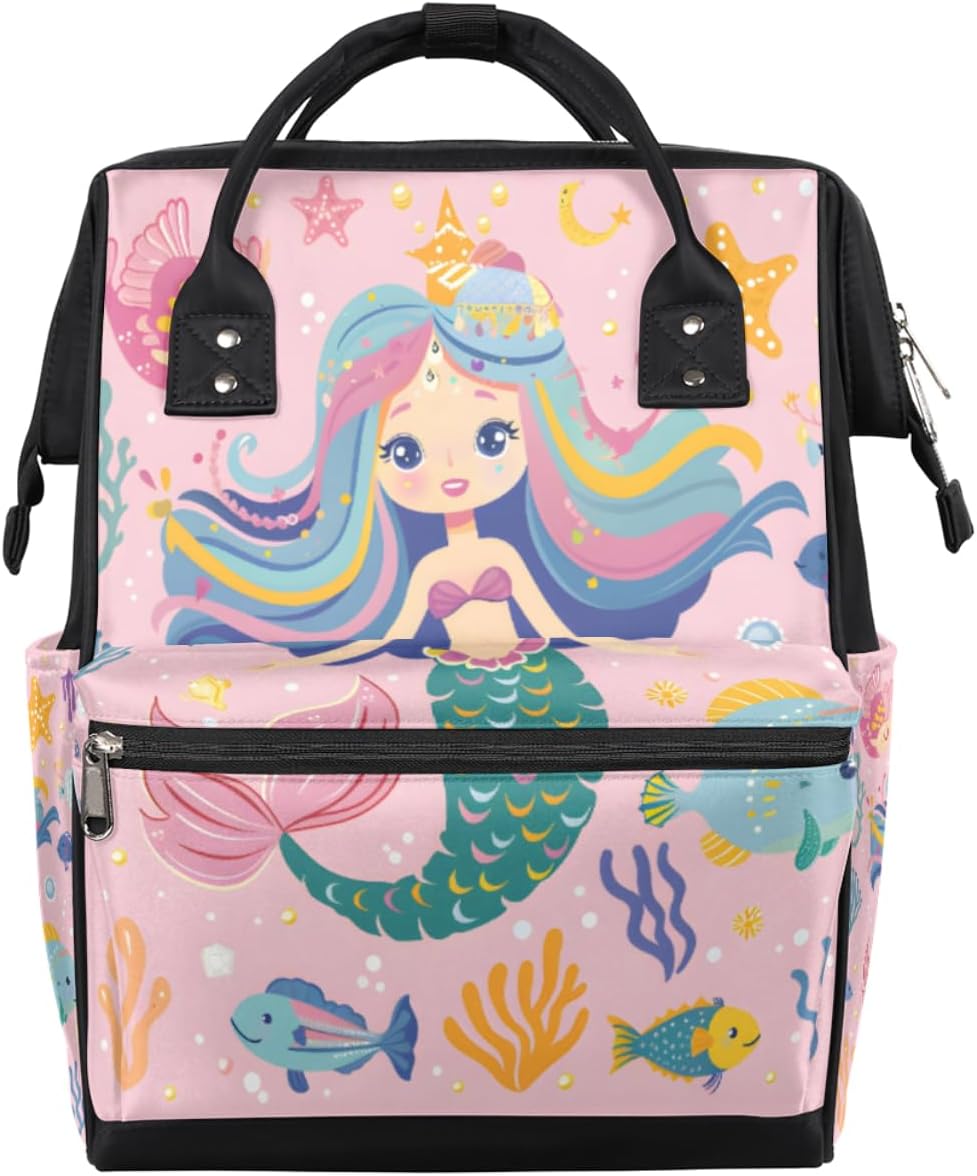 Diaper Backpack for Moms Beautiful Mermaid Baby Bag Large Diaper Tote Bags Nappy Bag Waterproof Travel Essentials with Stroller Straps
