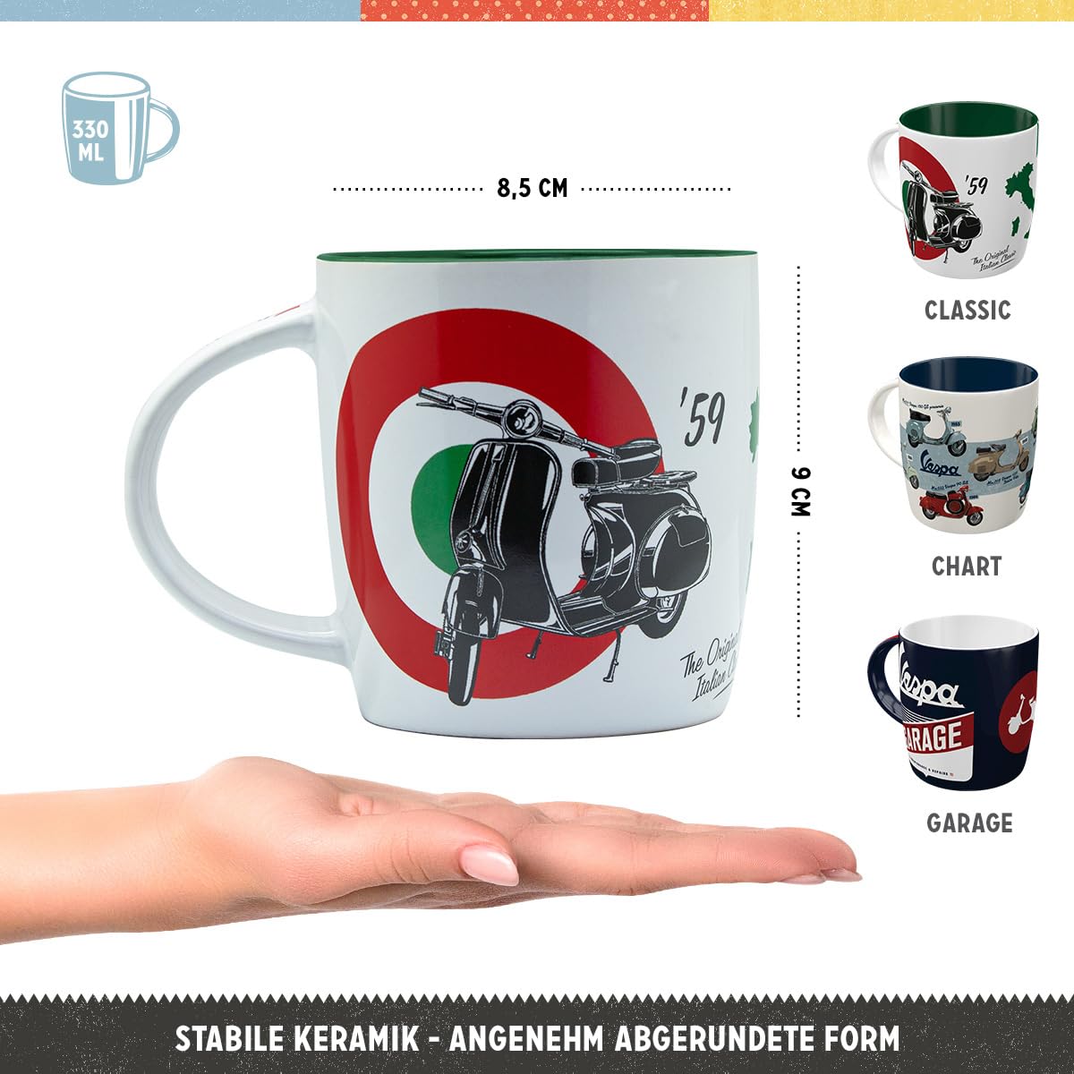 Nostalgic-Art Retro Kaffee-Becher (3er-Set), 330 ml, Vespa Set 3 – Geschenk-Idee für Roller-Fans, Keramik-Tasse, Vintage Design