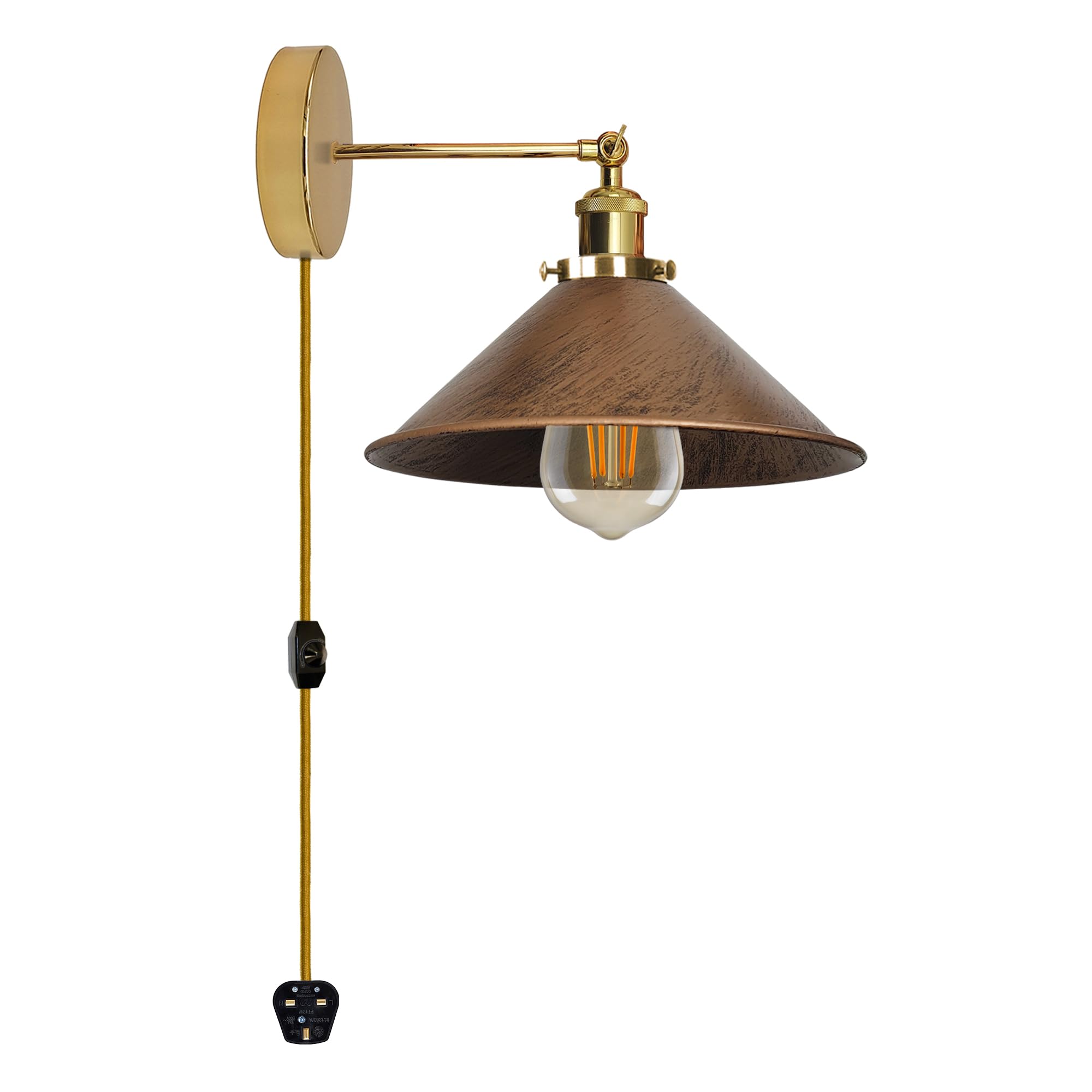 DC VOLTAGE Industrial Wall Sconce Light Plug in Wall Lamp Arm Lamp Shade E27 fits Perfectly into the Living Room, Dining Room, Office, Kitchen, Bedroom(with Bulb) (Brushed Copper)