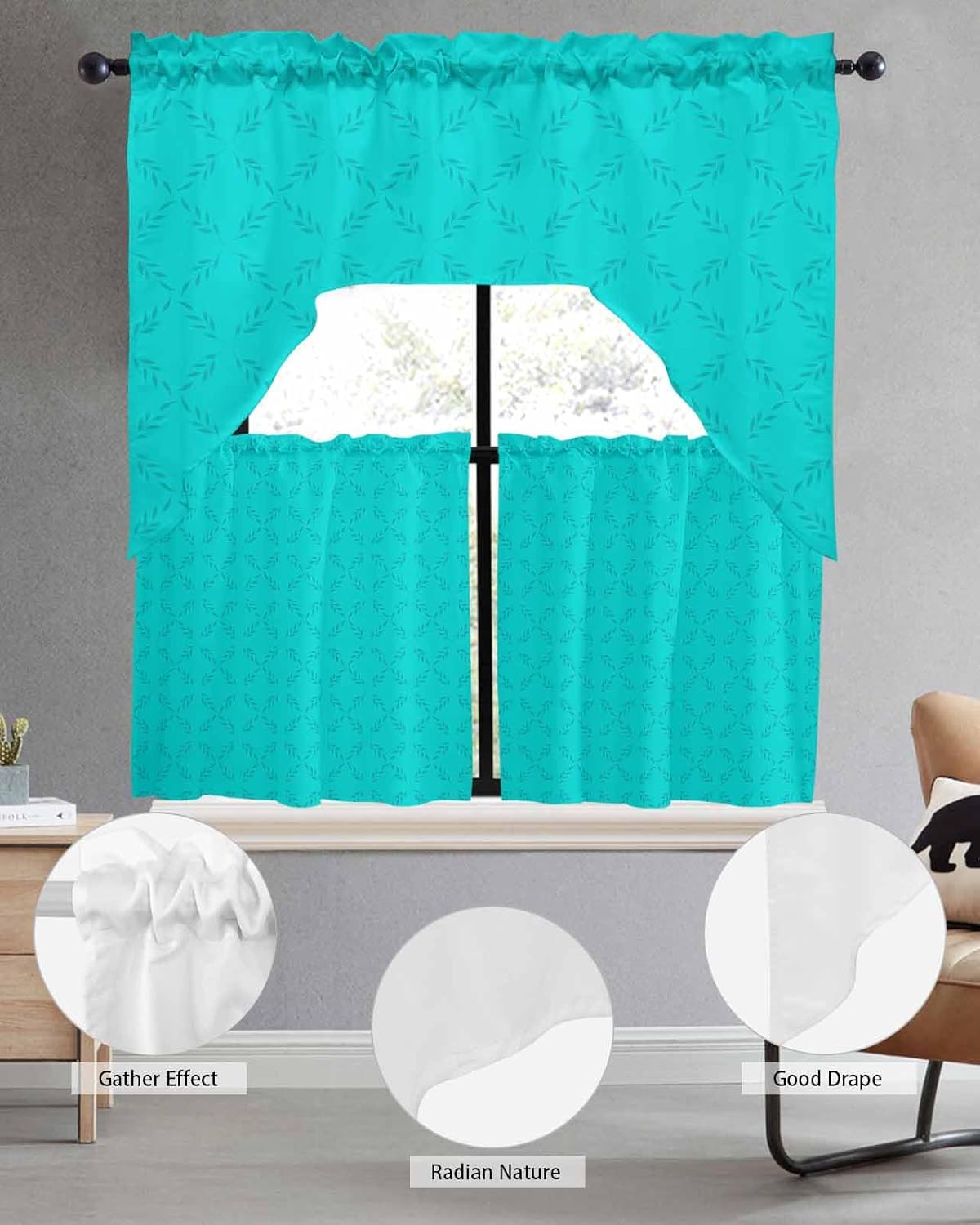Aqua Diamond Checkered Swag Kitchen Curtains Valance and Tier Set 24 Inch Length, Geometric Gingham Boho Trellis Lattice Rod Pocket Swag Curtains for Living Room Bedroom Bathroom Window Drapes 3 Piece
