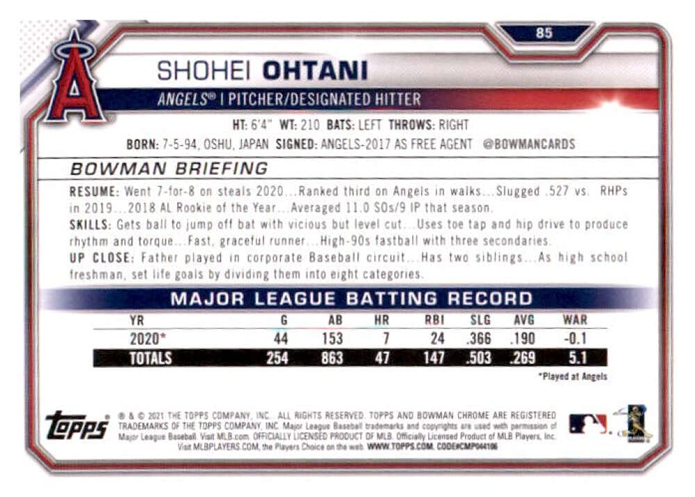 Amazon.com: 2021 Bowman #85 Shohei Ohtani Los Angeles Angels
