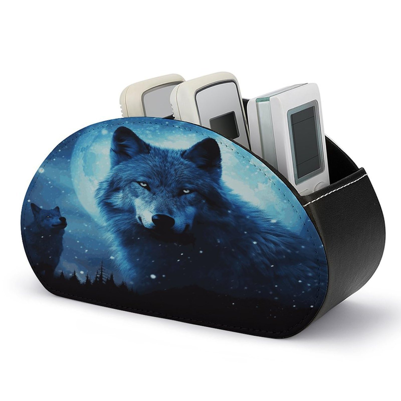 FekiLoot Wolfs Remote Control Holder, PU Leather Remote Control Organizer Box Stationery Remote Control Box Desk Storage Organizer for DVDs,Glasses,Pens,Media Players