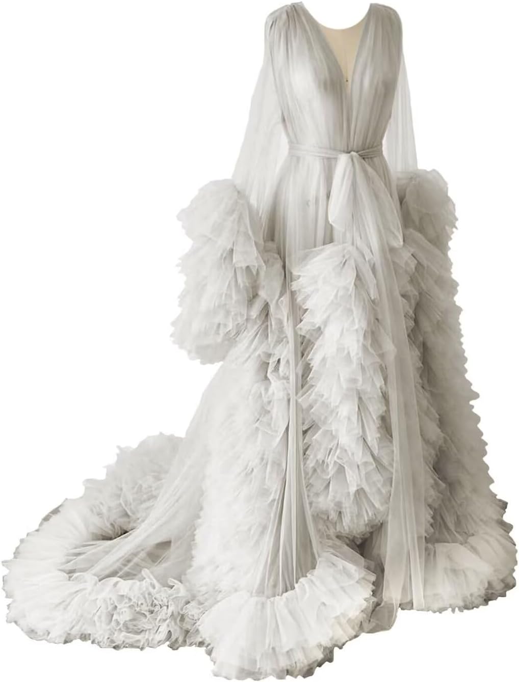 Women's Puffy Tulle Robe Long Maternity Photoshoot Dress Illusion Party Nightgown