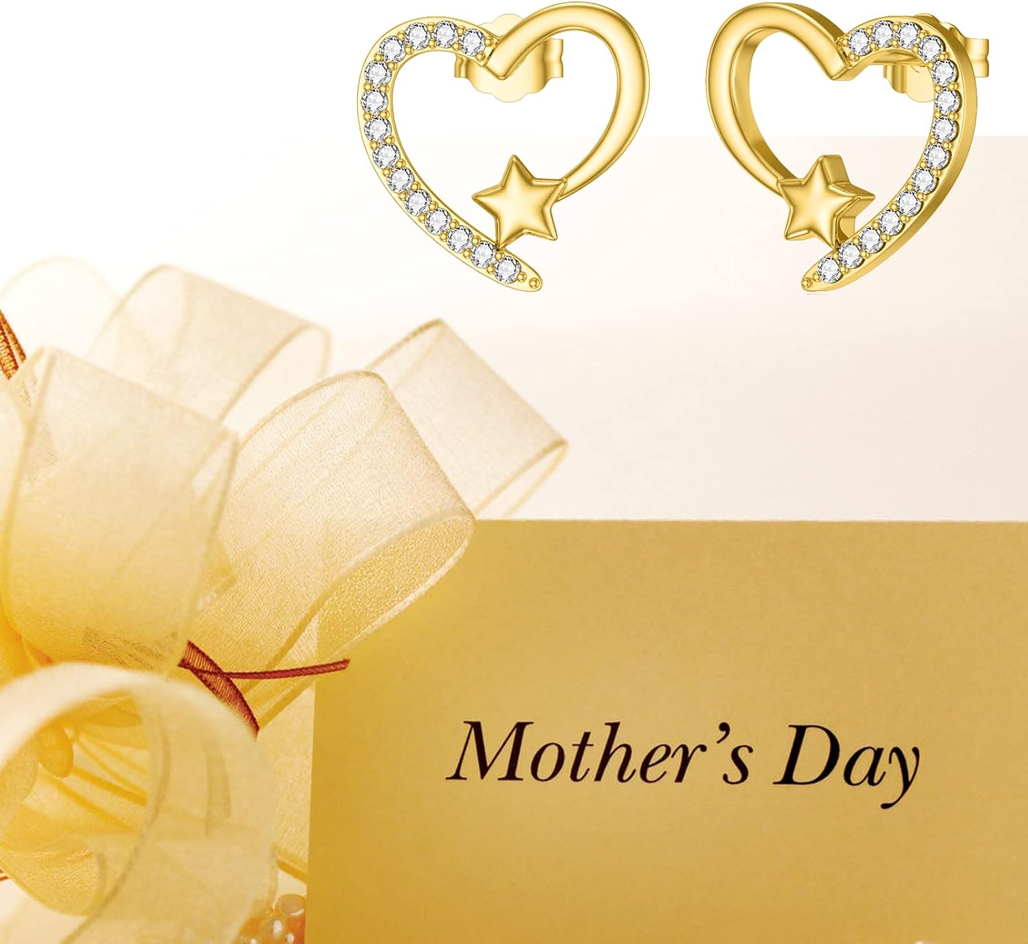 MRENITE Soild 14k Yellow Gold Heart Stud Earrings with Cubic Zirconia Heart and Star Earrings Studs Jewelry for Women Mother's Day Christmas