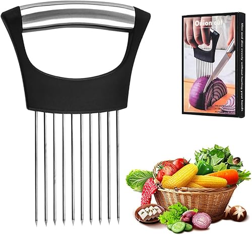 Onion Holder for Slicing, 2025 New Stainless Steel Onion Slicer Holder, Lemon Tomato Onion Cutter, Vegetables Fruit Chopper Kitchen Gadgets