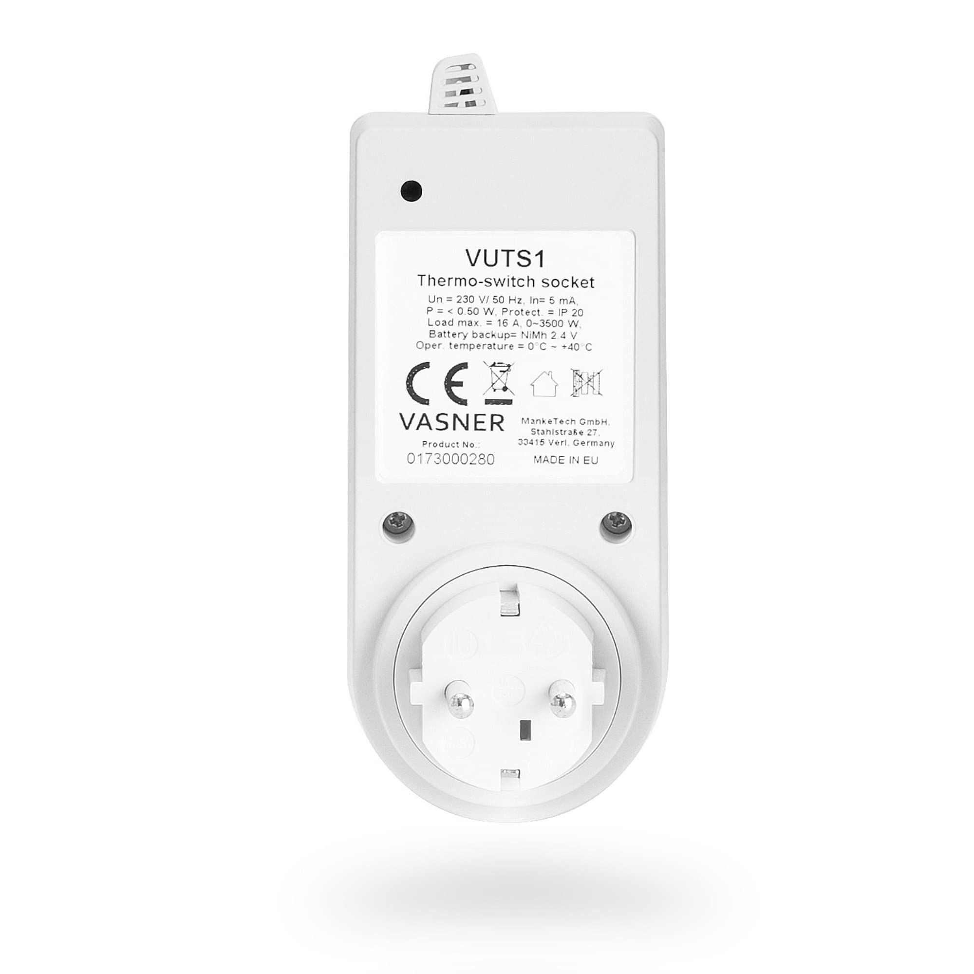 VASNER Universal-Thermostat VUTS1 – individuell programmierbares Steckdosenthermostat, 3-40°C, max. 3.600W, 230V/16A, einfache & Flexible Steuerung von Elektroheizungen Infrarotheizungen