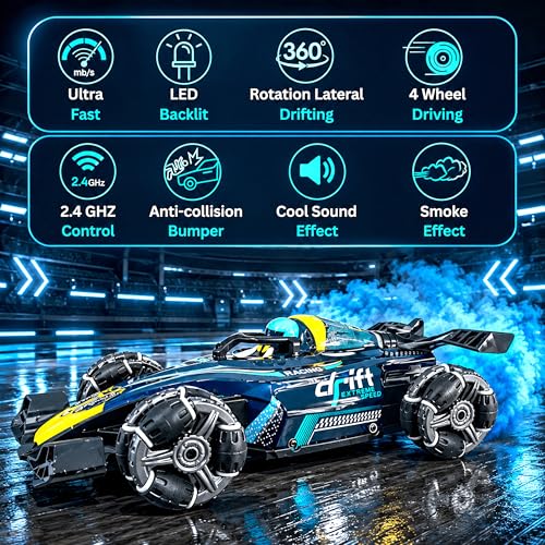 Image of VGRASSP 4WD Dual Control F1 RiseX Drift Stunt Mist Car Toy for Kids with Lights, Music - Rechargeable 360 Rotating RC Smoke Car with 2.4GHz Remote Control and Gesture Wrist Controller - Blue