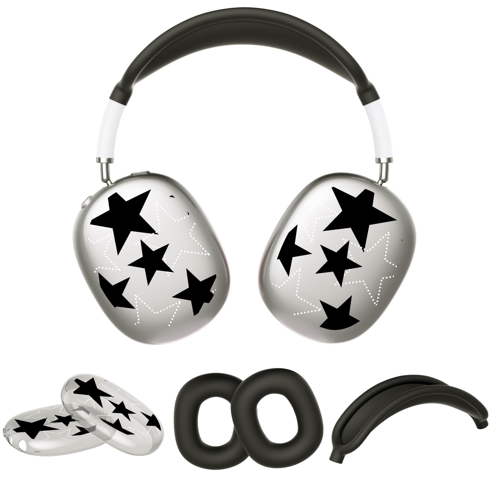 Cool Black Star Case for Apple AirPods Max Headphones(2024/2020),Clear TPU Ear Cups Case,Soft Liquid Silicone Ear Pad Cover/Headband Cover 3 in 1