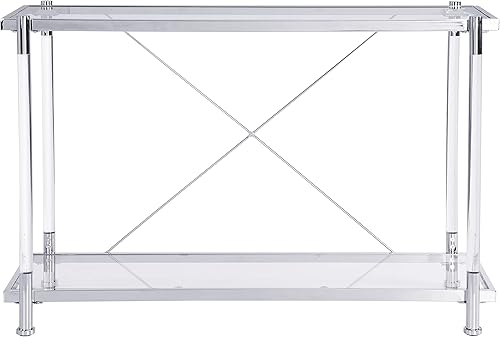 Miniatura 7 de Mesas de consola de vidrio para entrada, mesa auxiliar de sofá plateado cromado acrílico, patas de metal, mesa de entrada larga y estrecha para