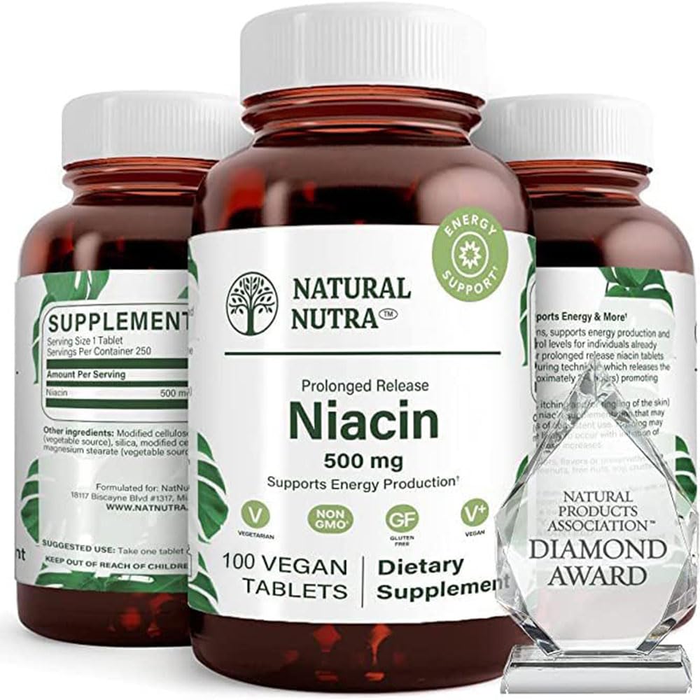 Natural Nutra Time-Release Slow Niacin 500mg (Vitamin B3), Support Energy Production, Promotes Cardiovascular Health, Promotes Skin Health and