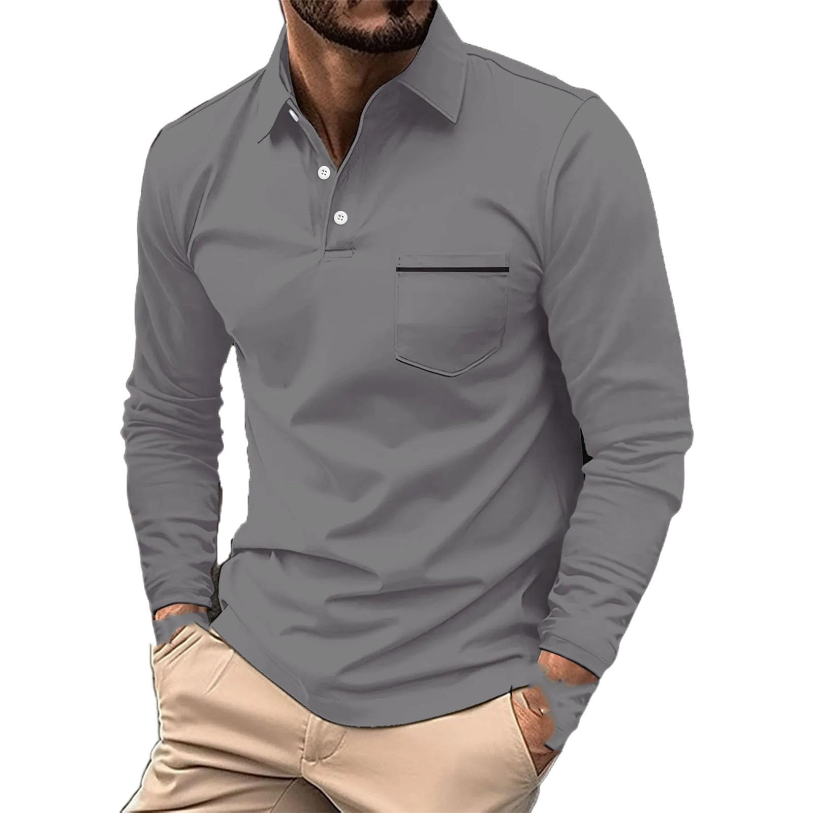 Herren Langarm Poloshirt Knopf Tasche Langarm Sport Atmungsaktiv Poloshirt
