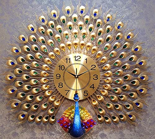 Image of TRENDING Large Luxury Crystal Peacock Wall Clock Silent Non-Ticking,3D Peacock Design Modern Art Clock Home Decorative Big Wall Clocks for Living Room Bedroom Dining Room (Peacock-Royal Gold)