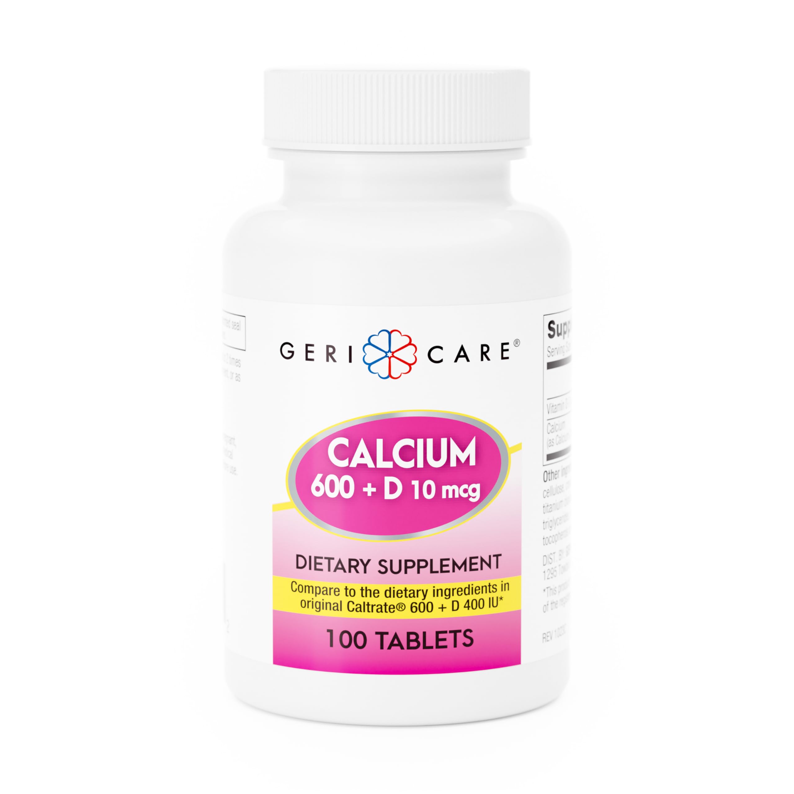 GeriCare Calcium 600mg, Vitamin D 10mcg (400 IU) Tablets, Supports Bone Health, Nutritional Supplement, 100 Count (Pack of 1) 100 Count (Pack of 1) Calcium 600mg - Vitamin D 10mcg