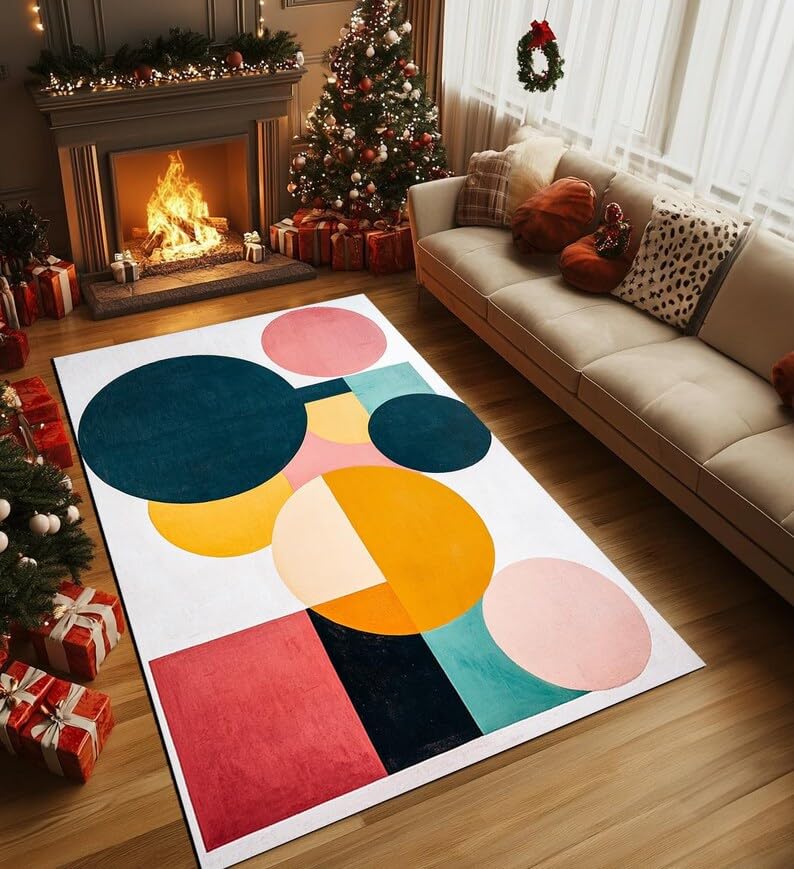 Tapis Géométrique Coloré lavable à poils courts, grand passage et antidérapant