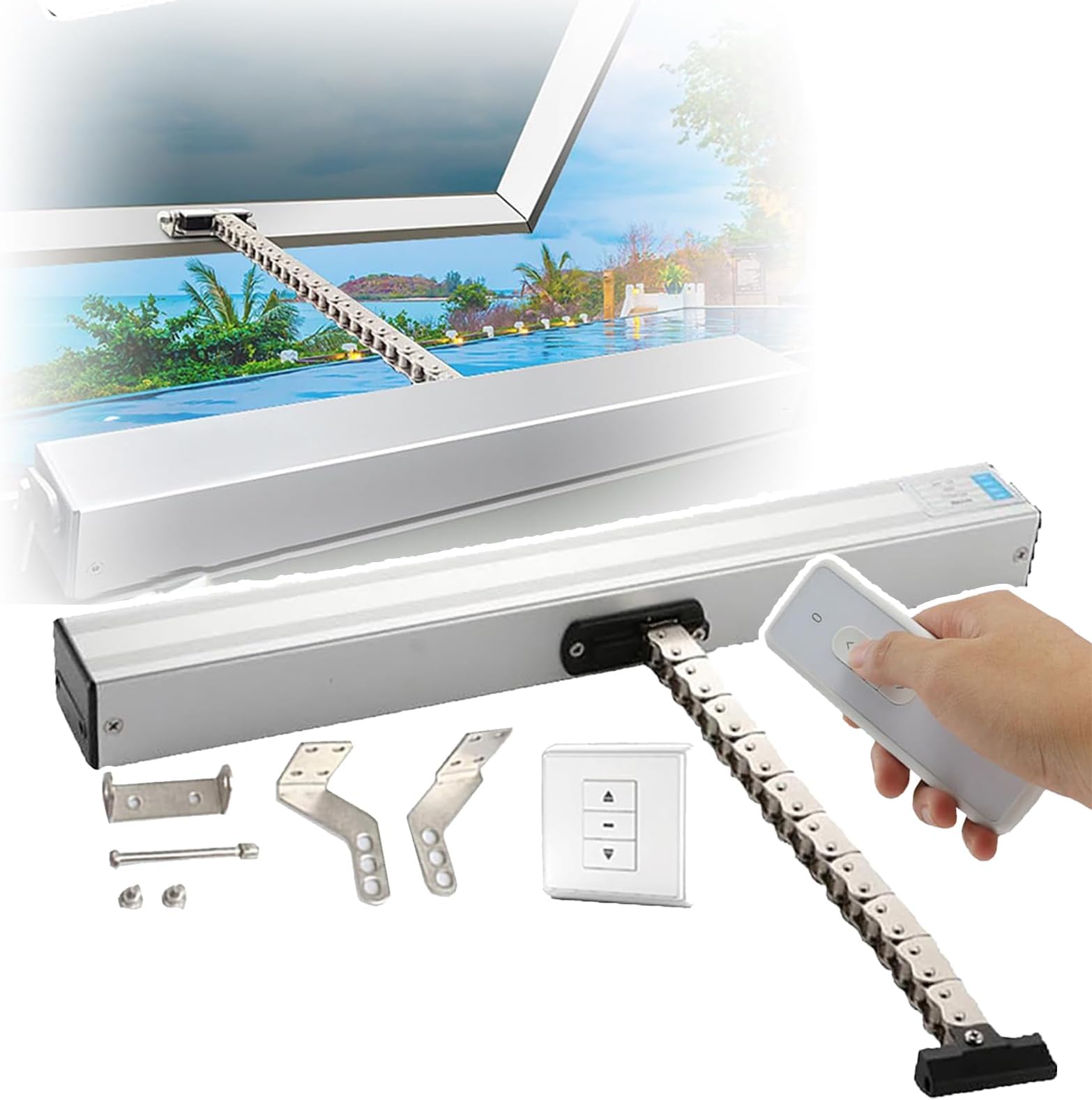 Electric Automatic Window Opener,Double Layer Chain Window Opener Actuator,W/Remote Control + Switch,for Skylight/Roof (300mm)