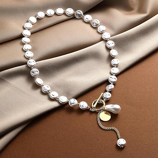 Collar en de perlas barrocas - Cadena de clip de oro combinada con perlas grandes irregulares - Estilo colgante en forma de Y