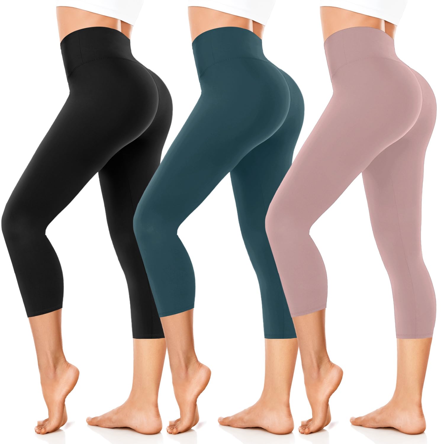 FuelMeFoot 3/4 Leggings Damen High Waist Schwarz Capri Leggins Blickdicht für Sport Yoga Gym.
