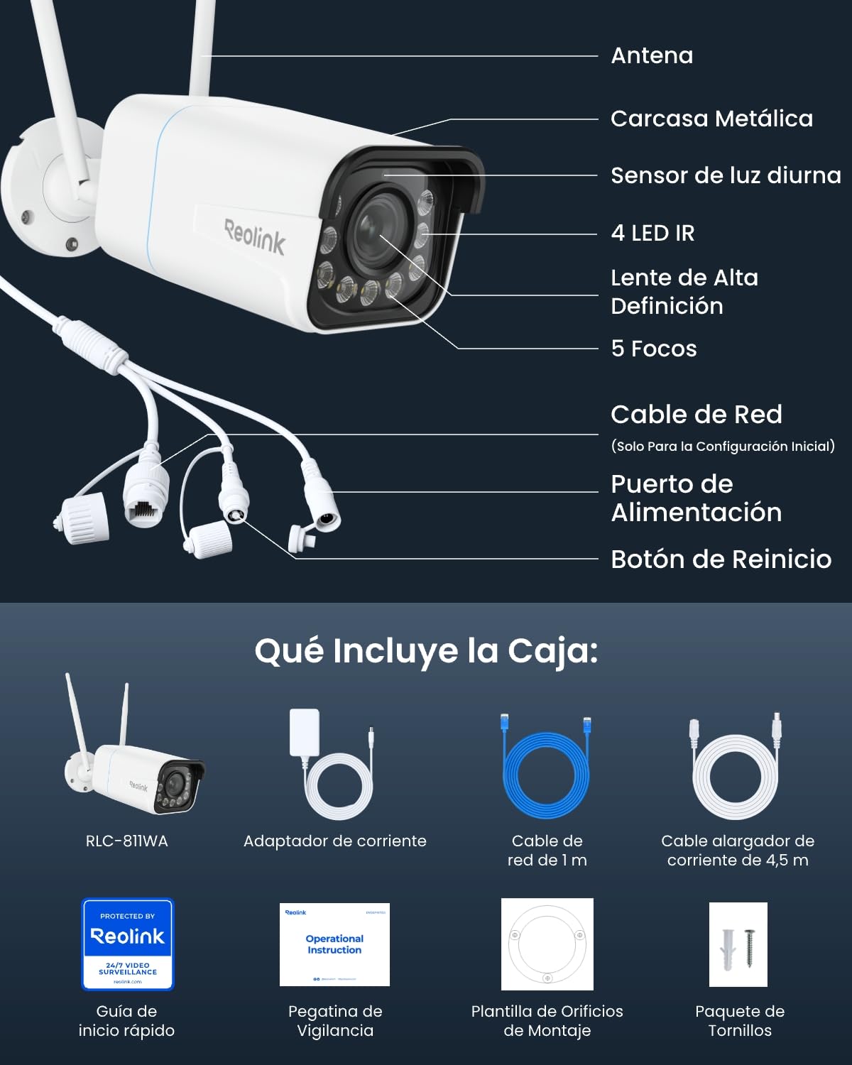 Reolink 4K Camara Vigilancia WiFi Exterior, Zoom Óptico 5X, Detección de Persona/Vehículo/Animale, Cámara Exterior de Seguridad IP67, Visión Nocturna, Wi-Fi 6 2,4/5GHz, Audio Bidireccional, RLC-811WA