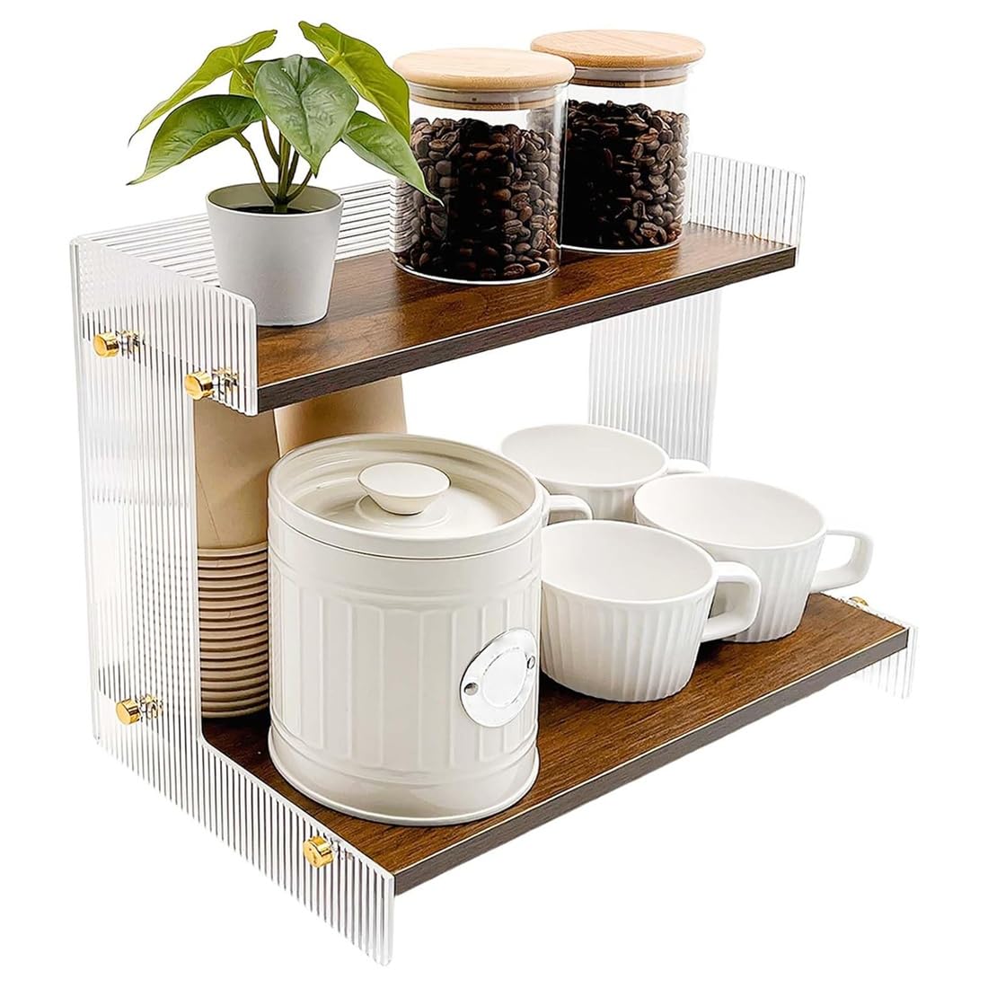 Jnchdghwa Coffee Station Organizer in Walnut Finish, Acrylic& Wood Edge 2-Tier Coffee Bar Organizer Featuring Sturdy Flat Base