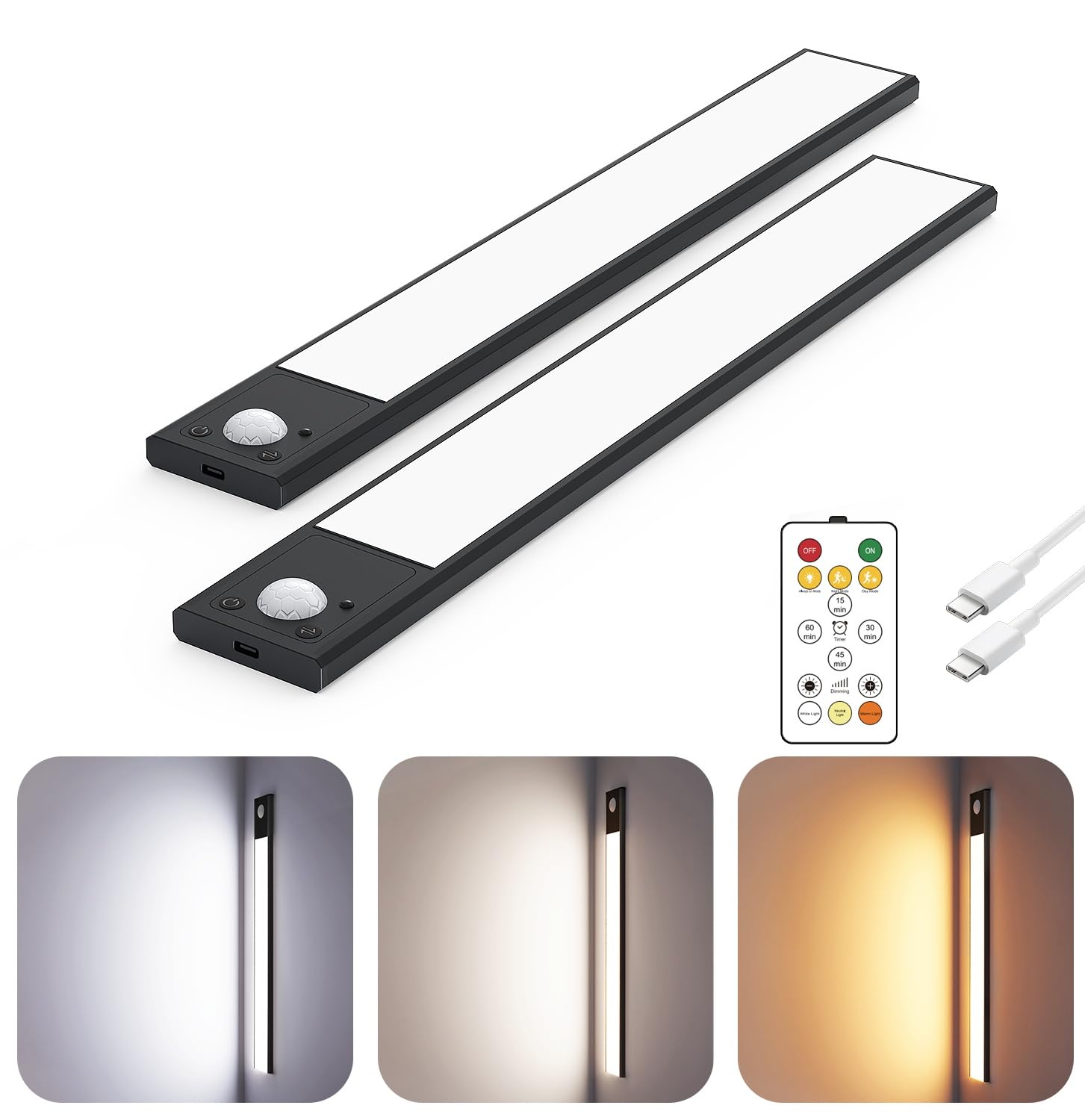 56LED Unterschrankbeleuchtung, kabellos, 30 cm Bewegungsmelder, wiederaufladbar, Unterschrankleuchten, magnetische Schrankleuchten, batteriebetrieben, Unterbauleuchten für Küche (2 Stück, Schwarz)